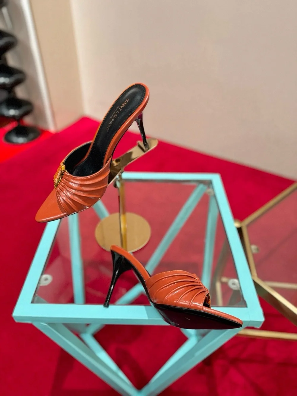 Saint Laurent Tan Leather Ruched Slide Heels with Gold YSL Accent